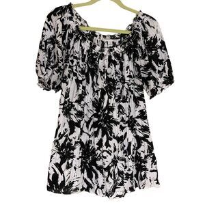 Croft & Barrow Blouse Top Shirt Boho Peasant Floral Black White L bv